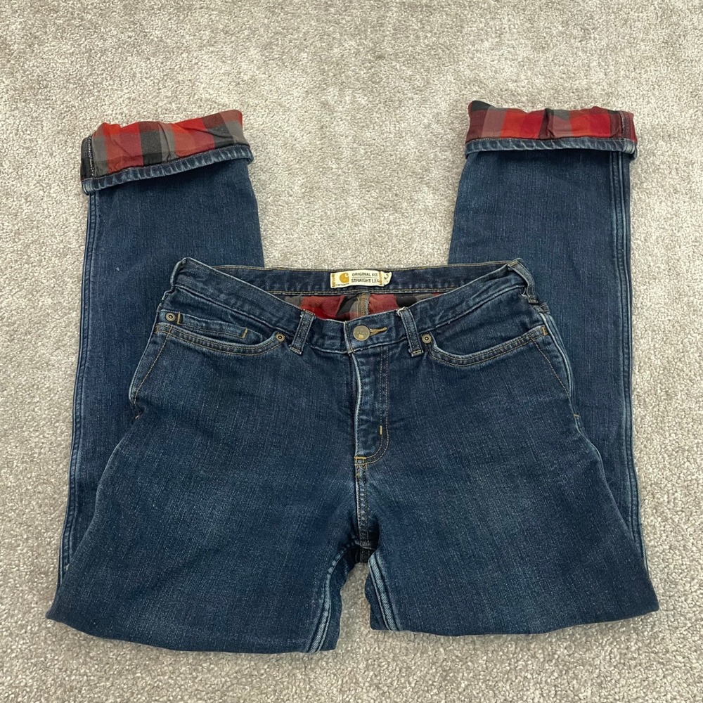 Carhartt Flannel Lined Jeans Womens 8 Original Fit Straight Leg Blue Denim
